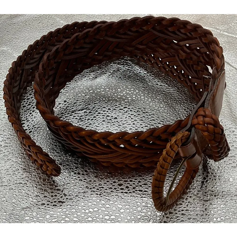 Women's Large Wide Braided Leather Belt 2 in Soft Woven Waistband Rounded Buckle